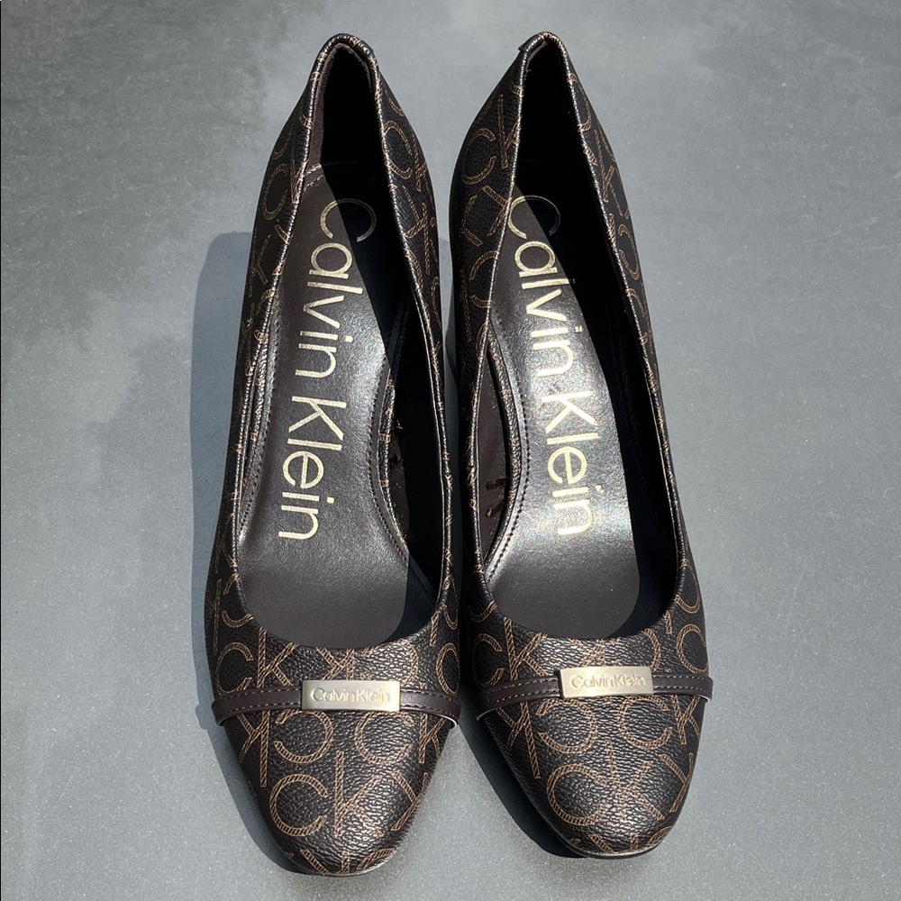 Calvin Klein Brown Monogram Pointed-Toe Heels
